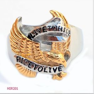 Motorcycle Biker Live To Ride Gold Eagle Ring